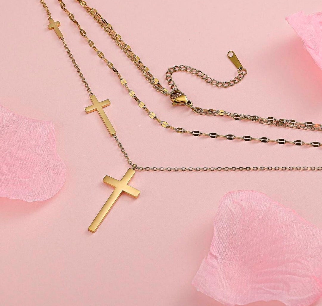 Layered Cross Necklace for Women - Gold Titanium Steel Gift Jewelry